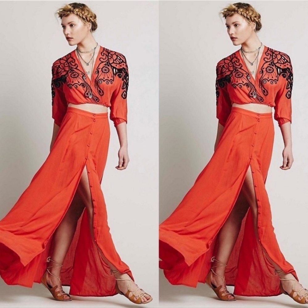 Free People Orange Maxi Dress with Black Embroidery